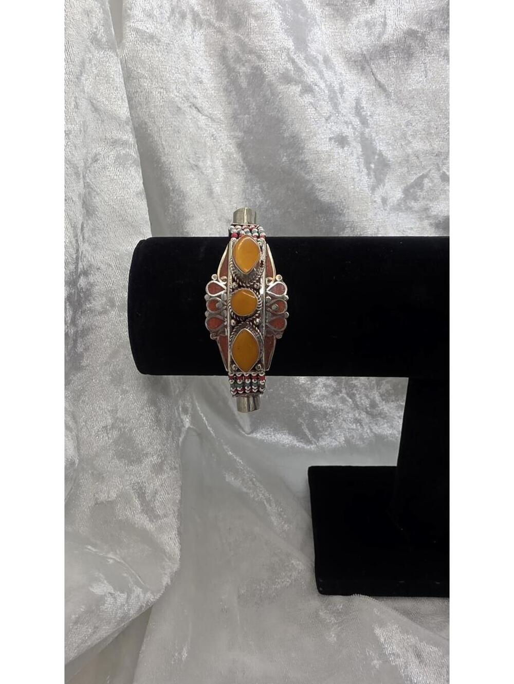 Alpaca Mexico Bracelet Mustard Stone Southwestern Boho Artisan Panel Bracelet